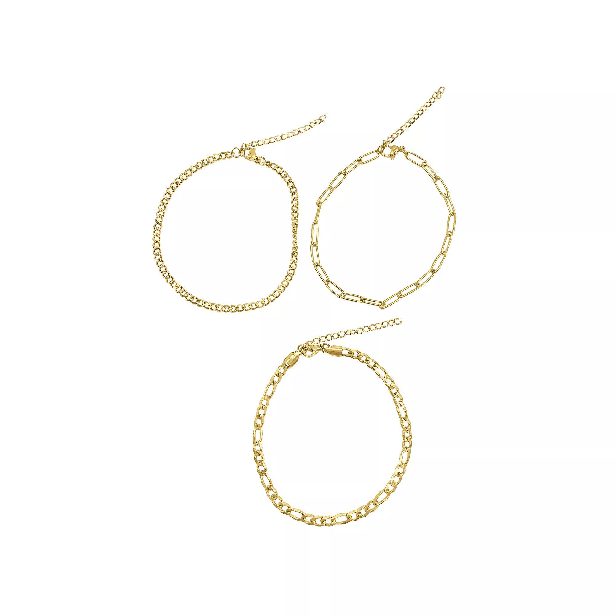 Adornia 14k Gold Plated Stainless Steel Curb Chain, Paper Clip Chain & Figaro Chain Anklet Set, Women's, Gold Tone Product Image