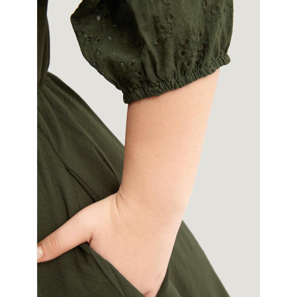 Plus Size Solid Notched Eyelet Patchwork Dress ArmyGreen Women Office Elastic cuffs Notched collar Elbow-length sleeve Curvy Midi Dress BloomChic 14-16/1X Product Image