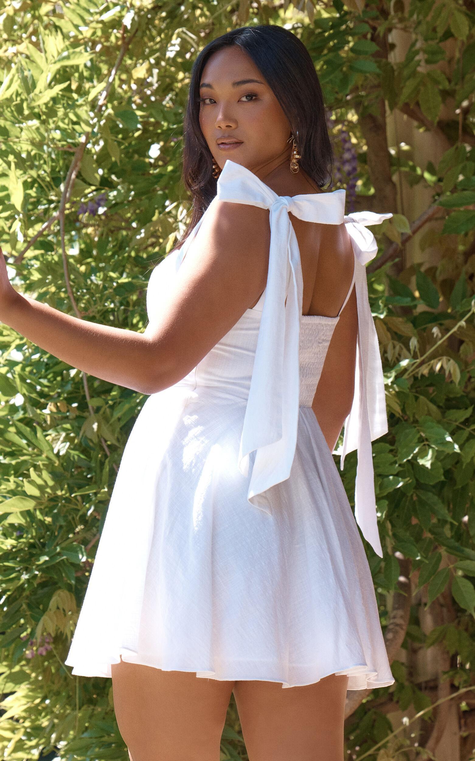 Girley Mini Dress - Bow Strap Dress in White Product Image