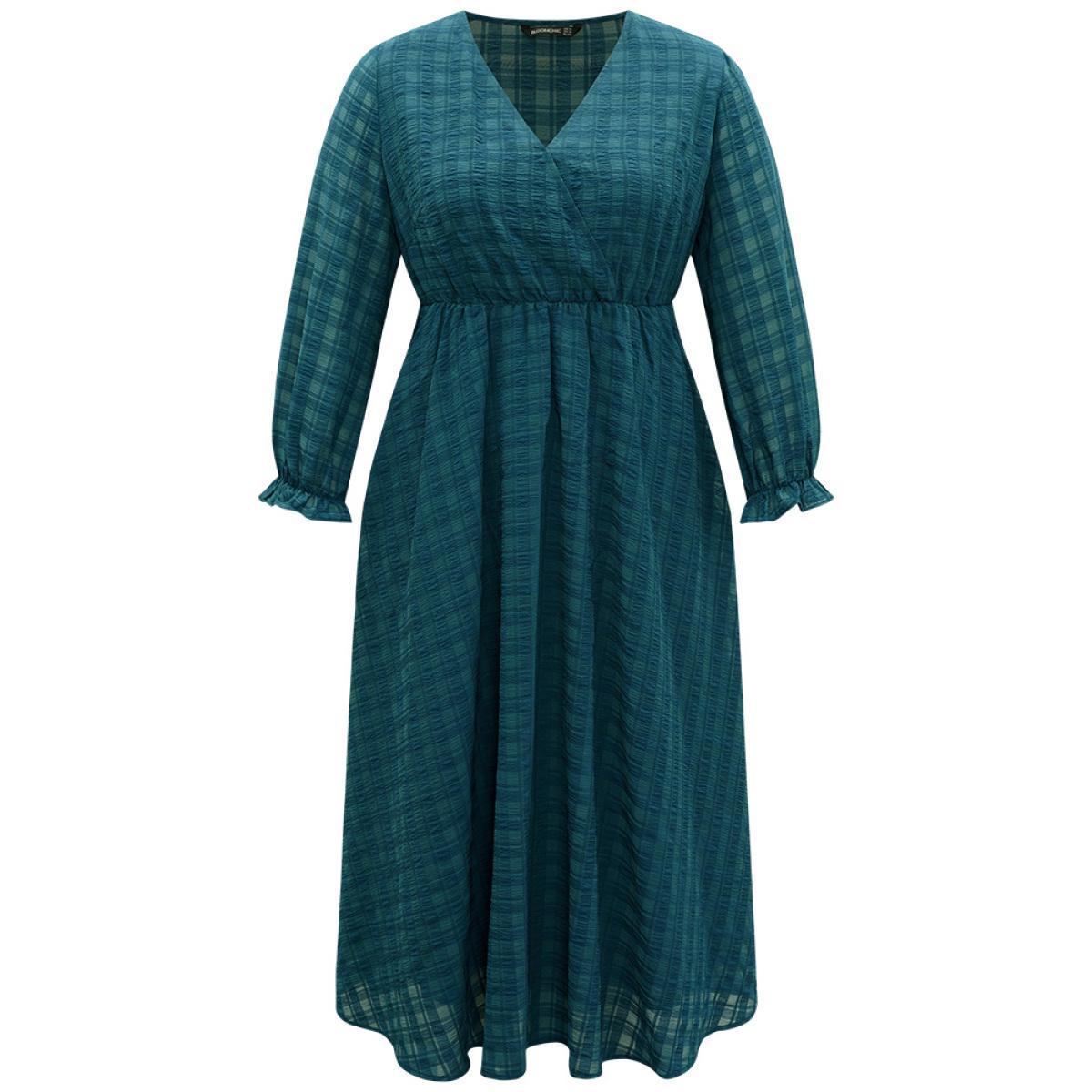 Plus Size Plaid Wrap Elastic Waist Gathered Ruffles Dress Cyan Women Casual Plain V-neck Long Sleeve Curvy Midi Dress BloomChic 14-16/1X Product Image
