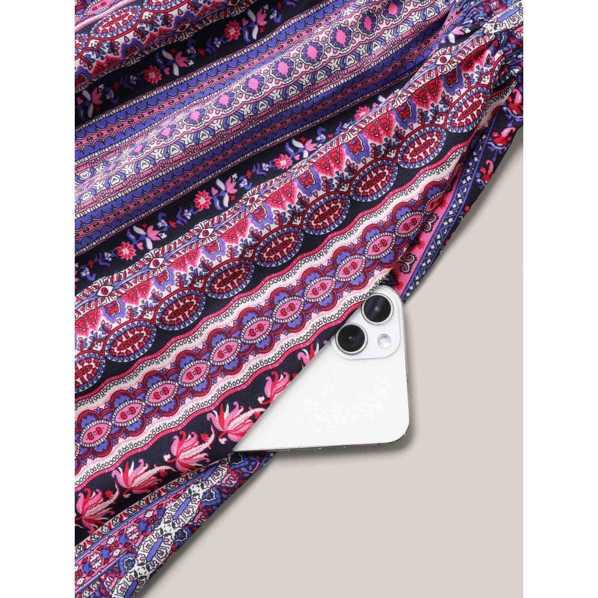 Plus Size Boho Print Stretchy Waist Pockets Midi Dress Deeppurplered Women Resort Tiered V-neck Sleeveless Curvy BloomChic 10/M Product Image