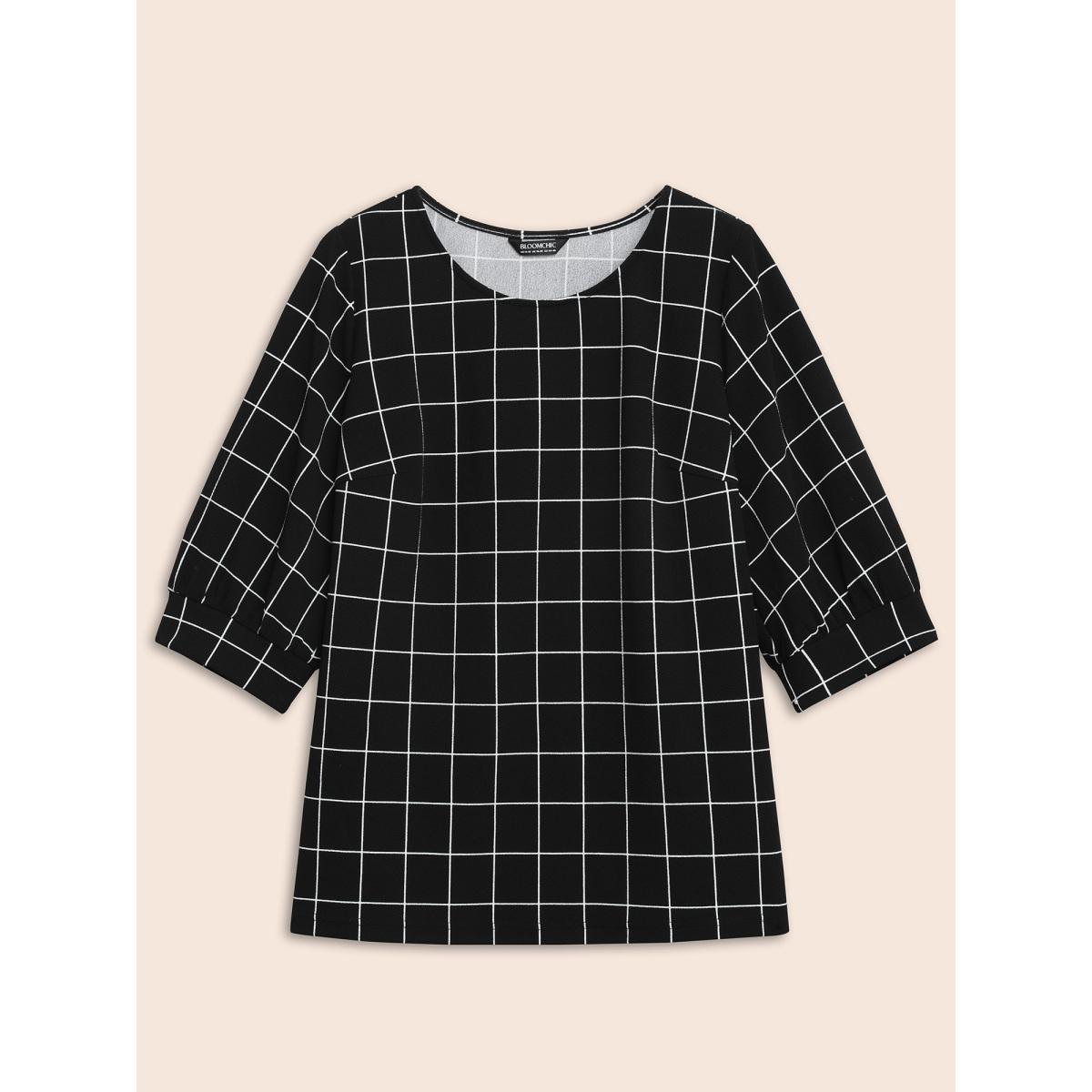 Plus Size Plaid Round Neck Lantern Sleeve T-shirt Burgundy Women At the Office Printed Plaid Round Neck Work T-shirts BloomChic 10/M Product Image