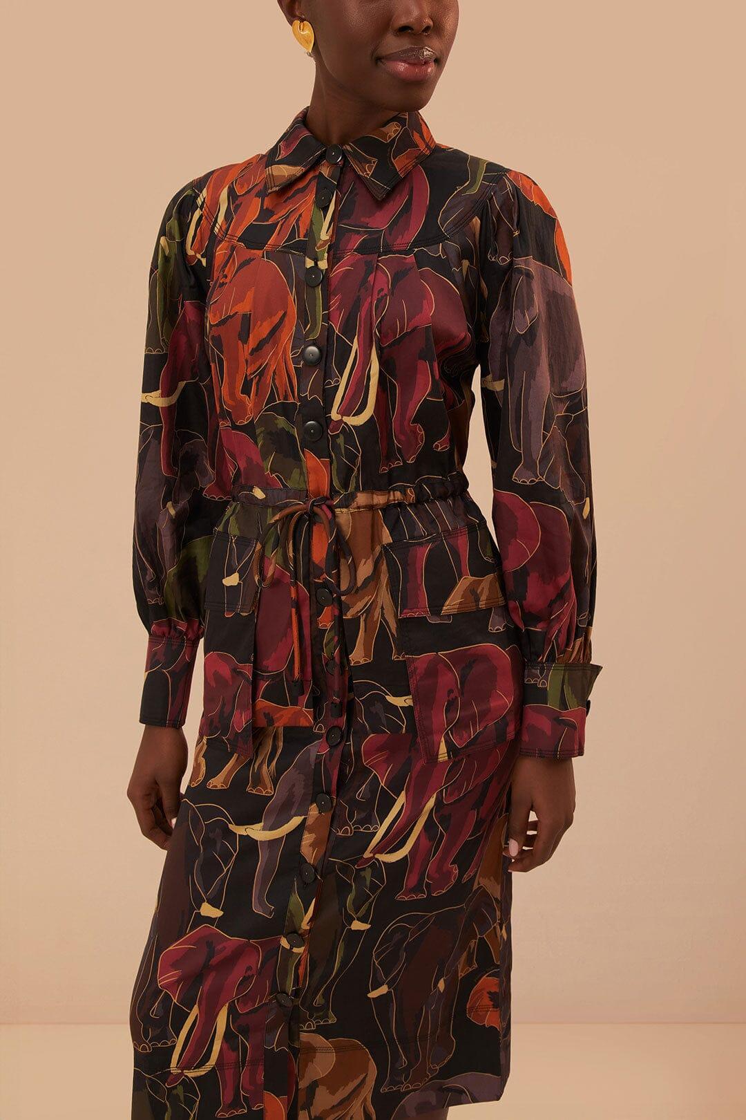 Brown Elephants Long Sleeve Midi Dress, ELEPHANTS BROWN / XXS Product Image