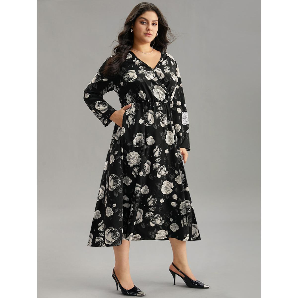 Plus Size Floral Print Pocket Elastic Waist Wrap Dress Black Women At the Office Wrap Overlap Collar Long Sleeve Curvy Midi Dress BloomChic 10/M Product Image