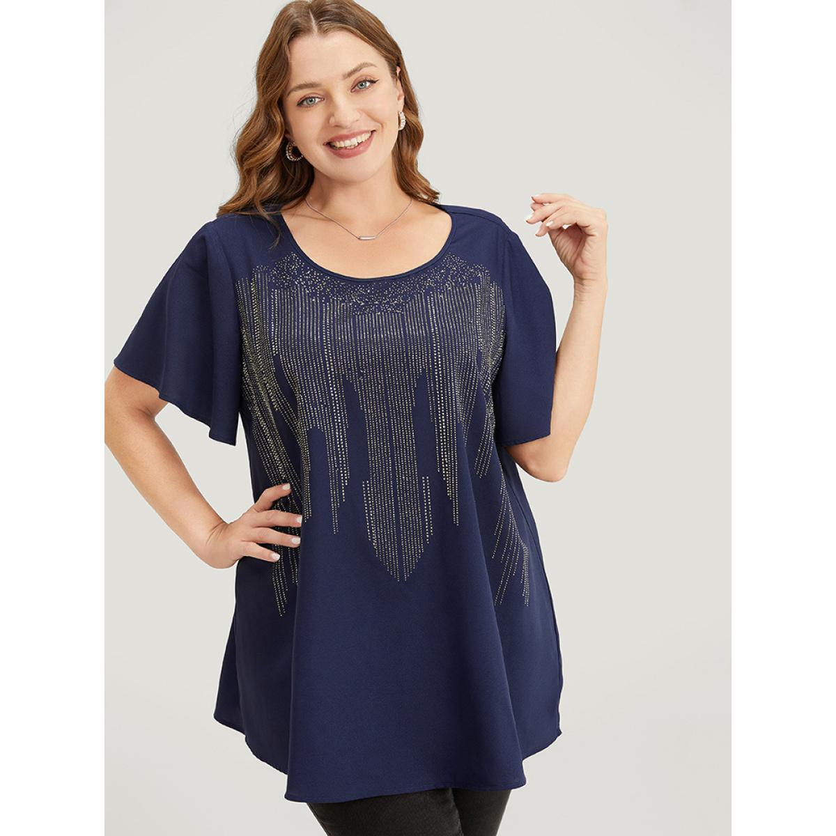 Plus Size Aegean Plain Rhinestones Detail Ruffles Sleeve Blouse Women Party Short sleeve Round Neck Dailywear Blouses BloomChic 18-20/2X Product Image
