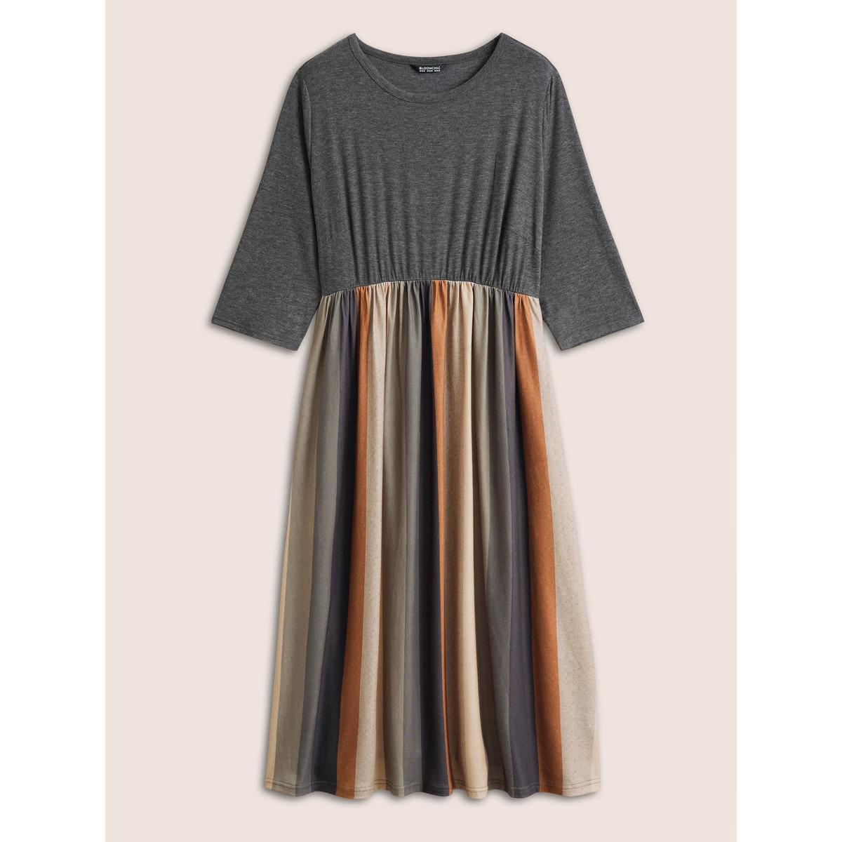 Plus Size Solid Patchwork Pocket Striped Flutter Hem Dress DimGray Women Casual Non Round Neck Elbow-length sleeve Curvy Midi Dress BloomChic 30/6X Product Image