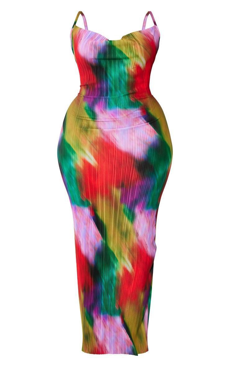 Plus Multi Printed Plisse Cowl Neck Maxi Dress Product Image