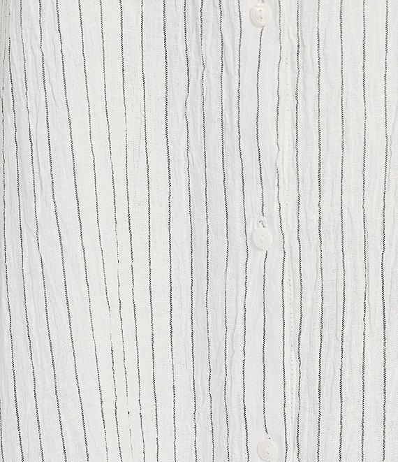 Eileen Fisher Plus Size Puckered Organic Linen Stripe Mandarin Collar Short Sleeve Midi Dress Product Image
