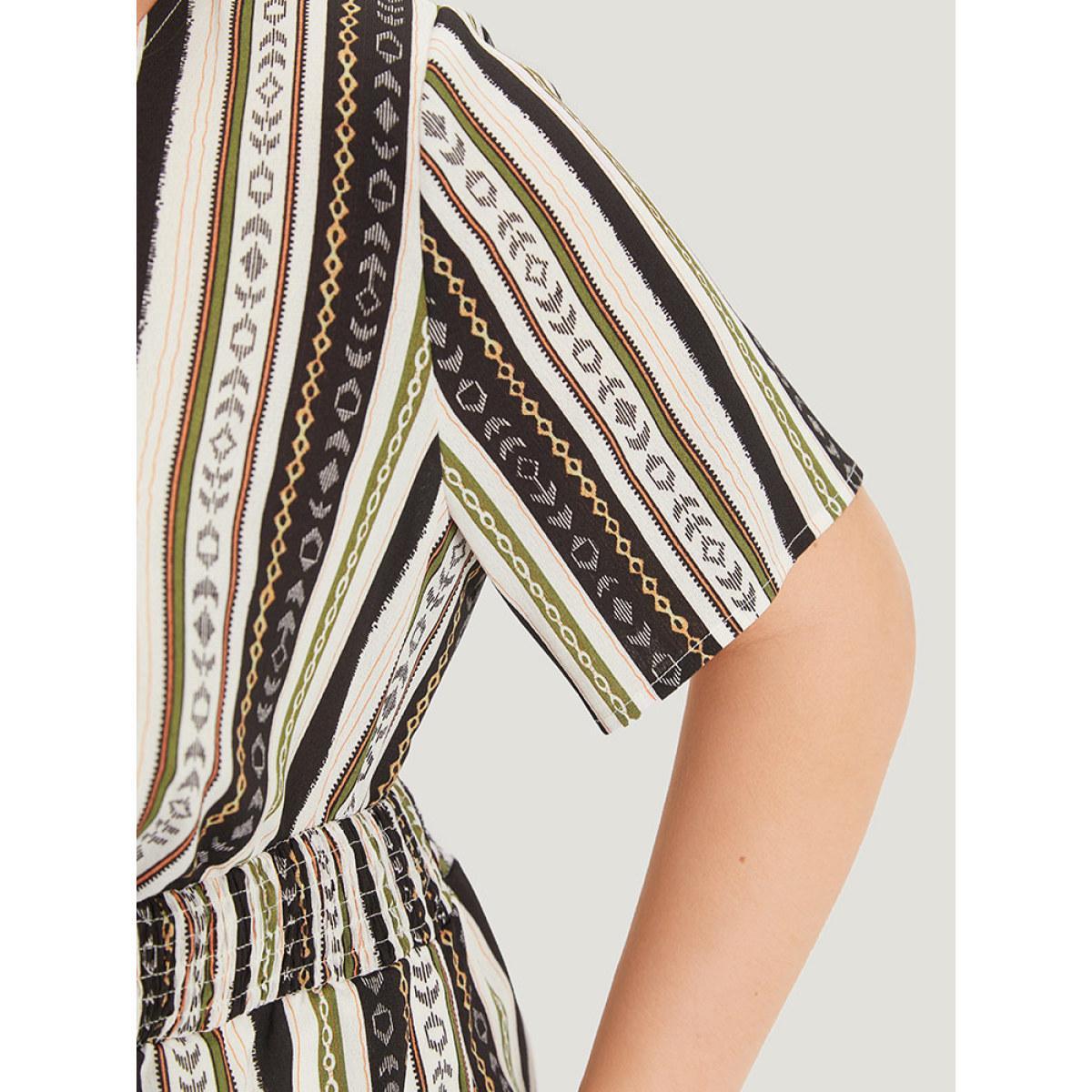 Plus Size Multicolor Boho Print Shirred Cut Out Tassel Trim Romper Women Elegant Short sleeve V-neck Dailywear Loose Jumpsuits BloomChic 28/5X Product Image