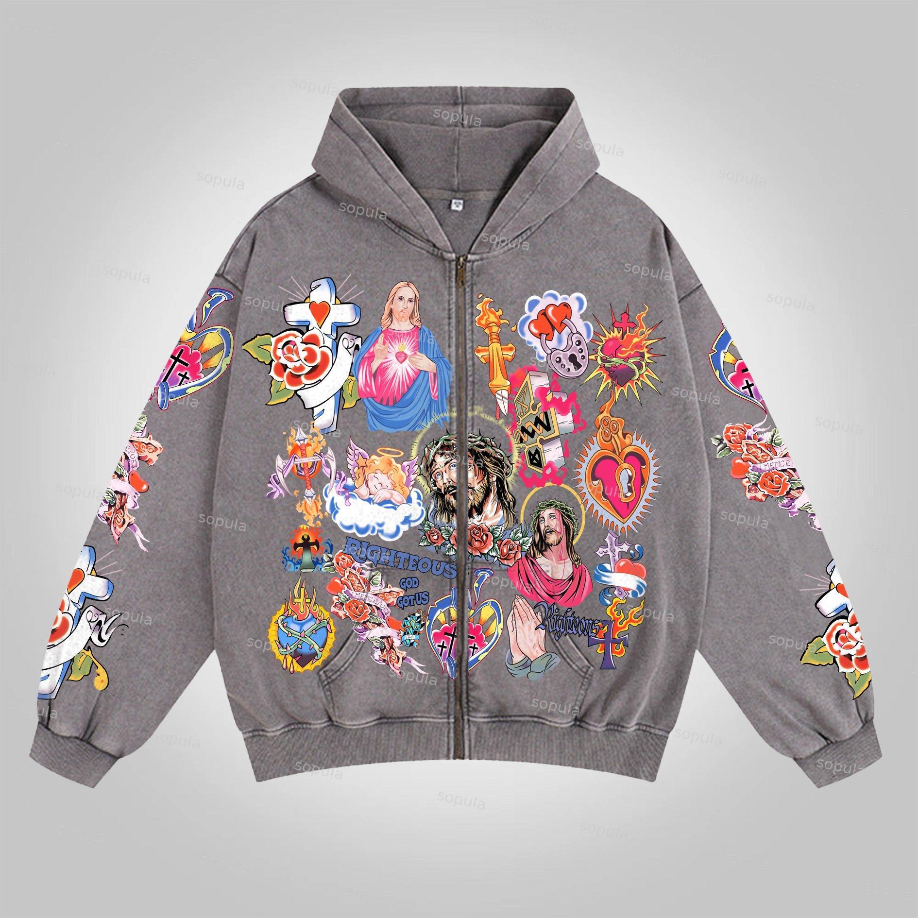 Sopula Vintage Risen King Graphic Washed Zip-Up Hoodie Product Image