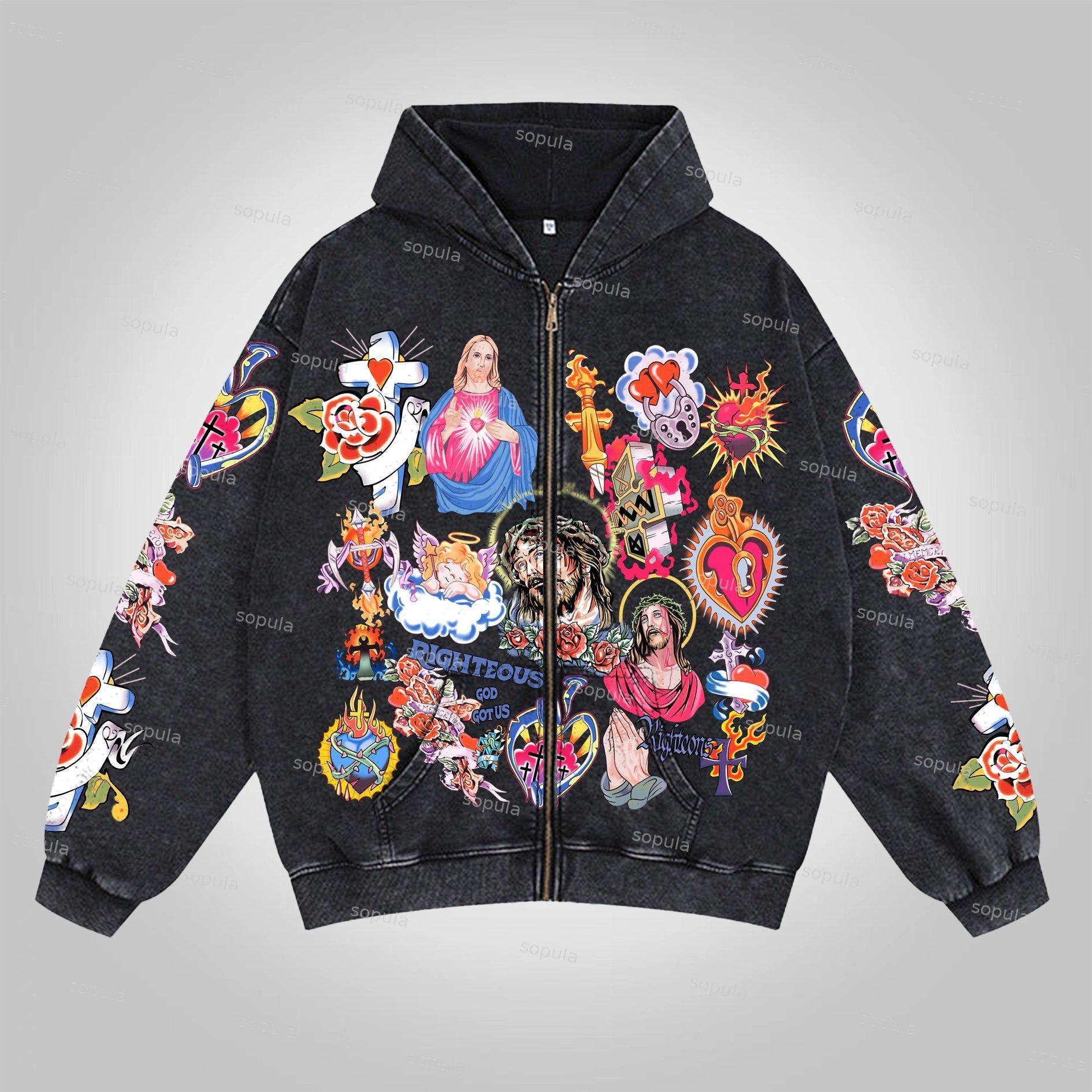 Sopula Vintage Risen King Graphic Washed Zip-Up Hoodie Product Image