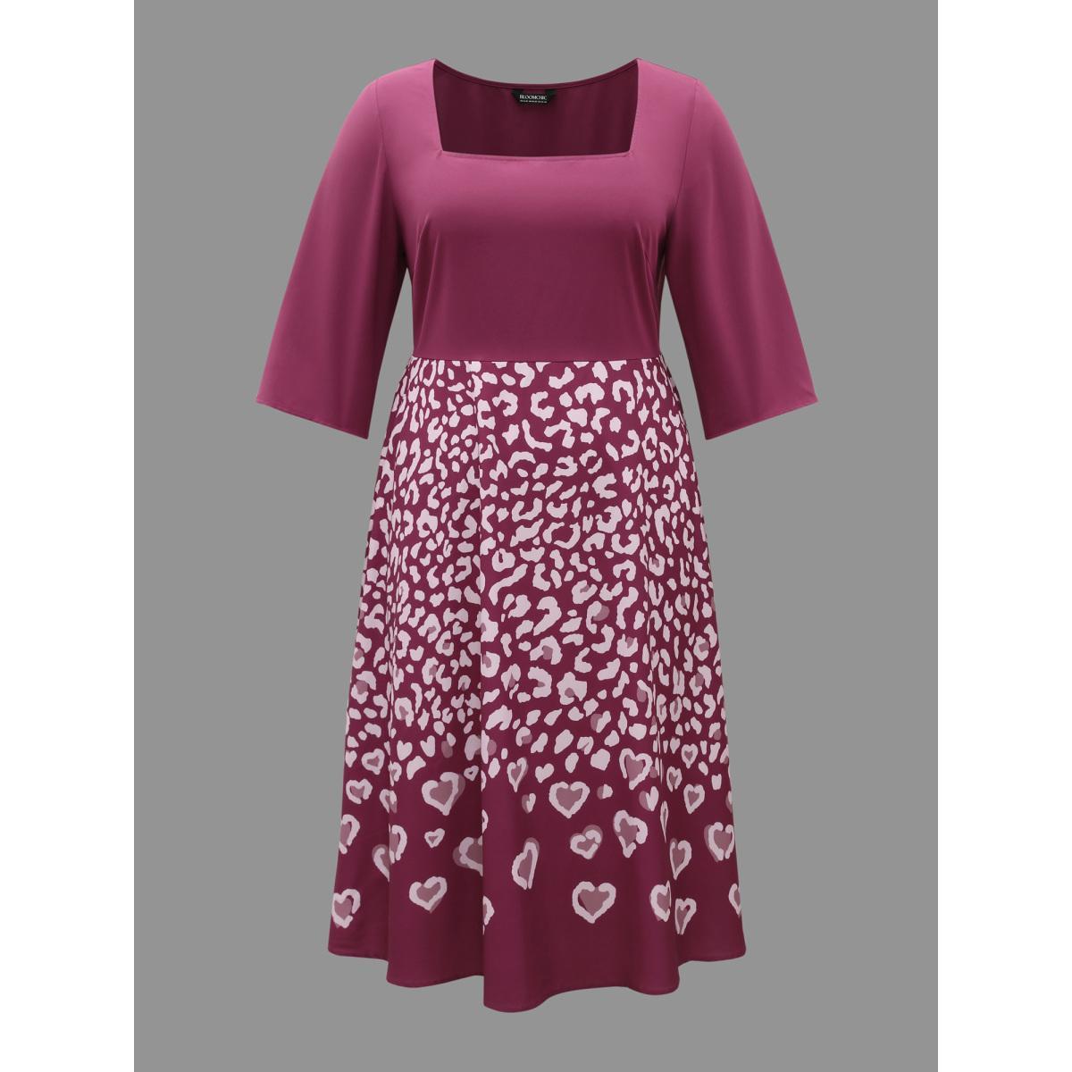 Plus Size Square Neck Contrast Boho Print Midi Dress Deeppurplered Women Elegant Patchwork Square Neck Elbow-length sleeve Curvy BloomChic 30/6X Product Image