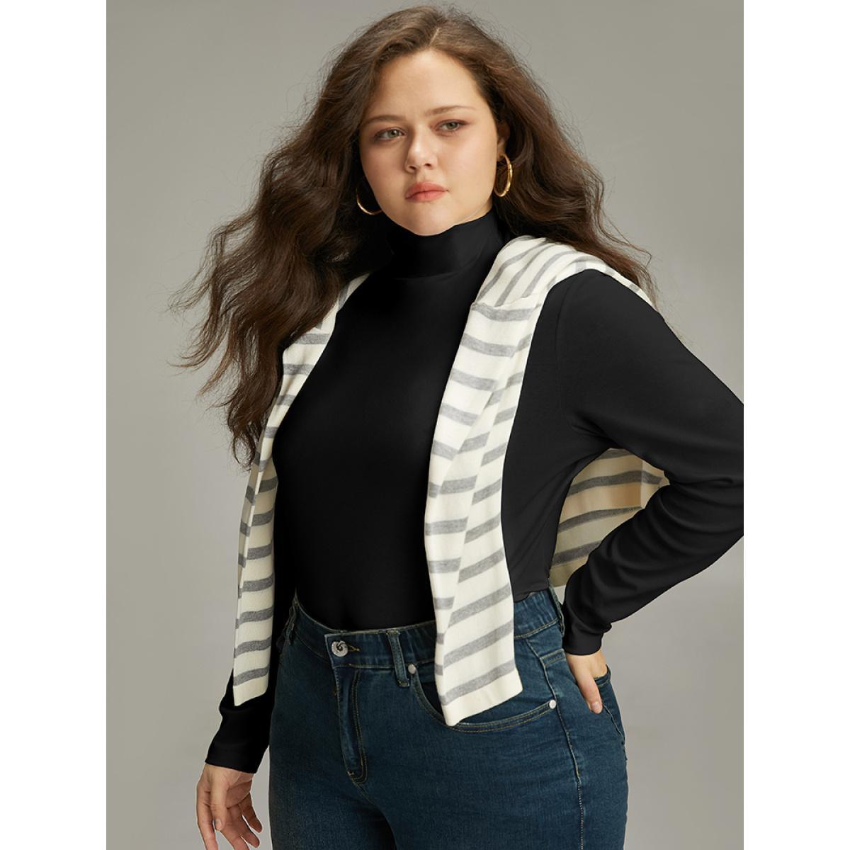 Plus Size Cotton Solid Mock Neck T-shirt Black Women Casual Plain Plain Mock Neck Dailywear T-shirts BloomChic 30/6X Product Image