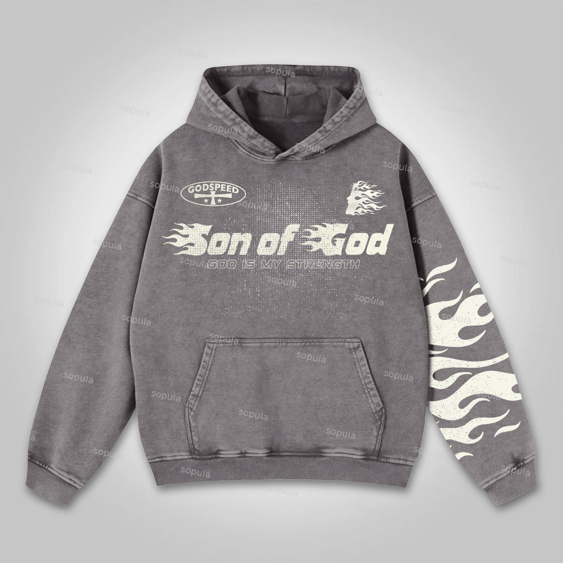 Sopula Vintage Flame Jesus Son of God Graphic Washed Hoodie Product Image