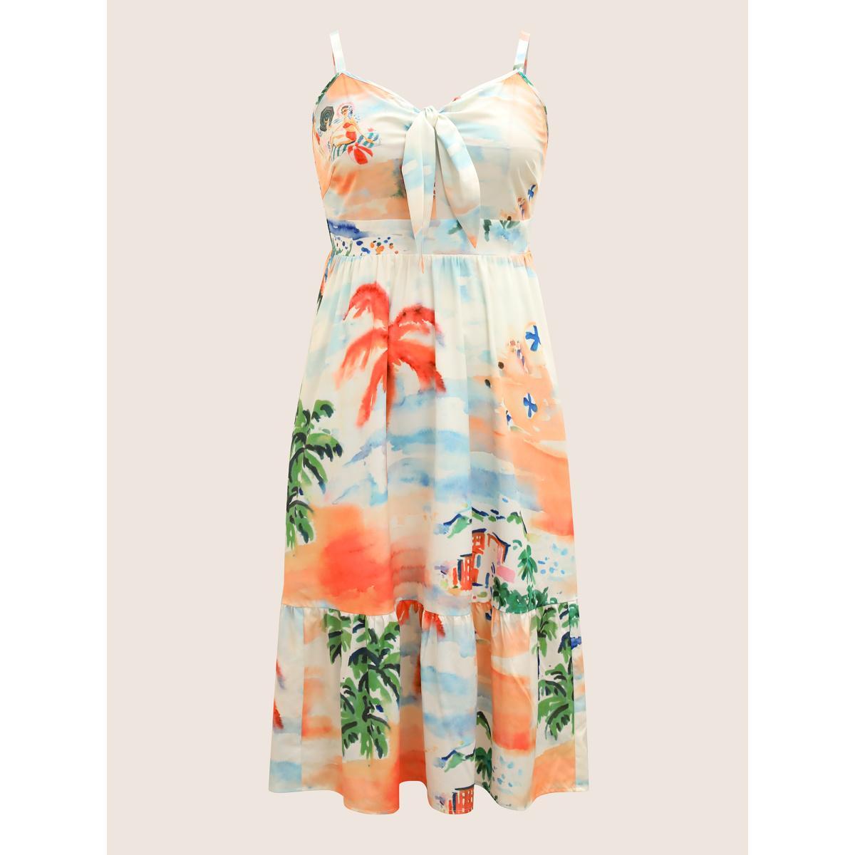 Plus Size V Neck Tropical Print Tie Knot Midi Dress LightBlue Women Resort Tie knot V-neck Sleeveless Curvy BloomChic 30/6X Product Image