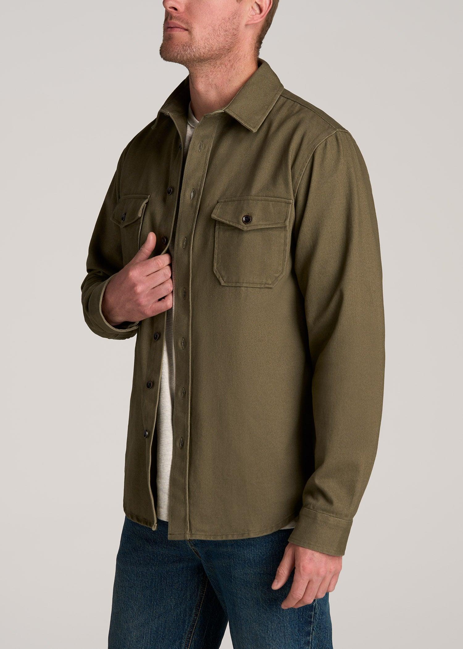 LJ&S Heavyweight Cotton Twill Overshirt for Tall Men in Vintage Moss Green Product Image