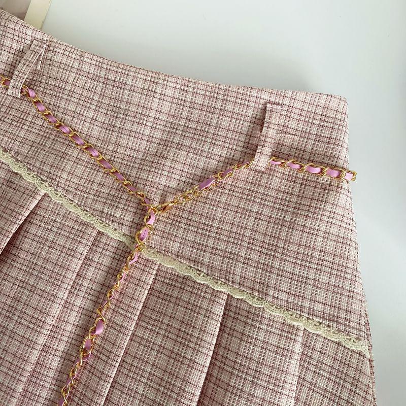 High Rise Plaid Lace Trim Pleated Mini A-Line Skirt Product Image