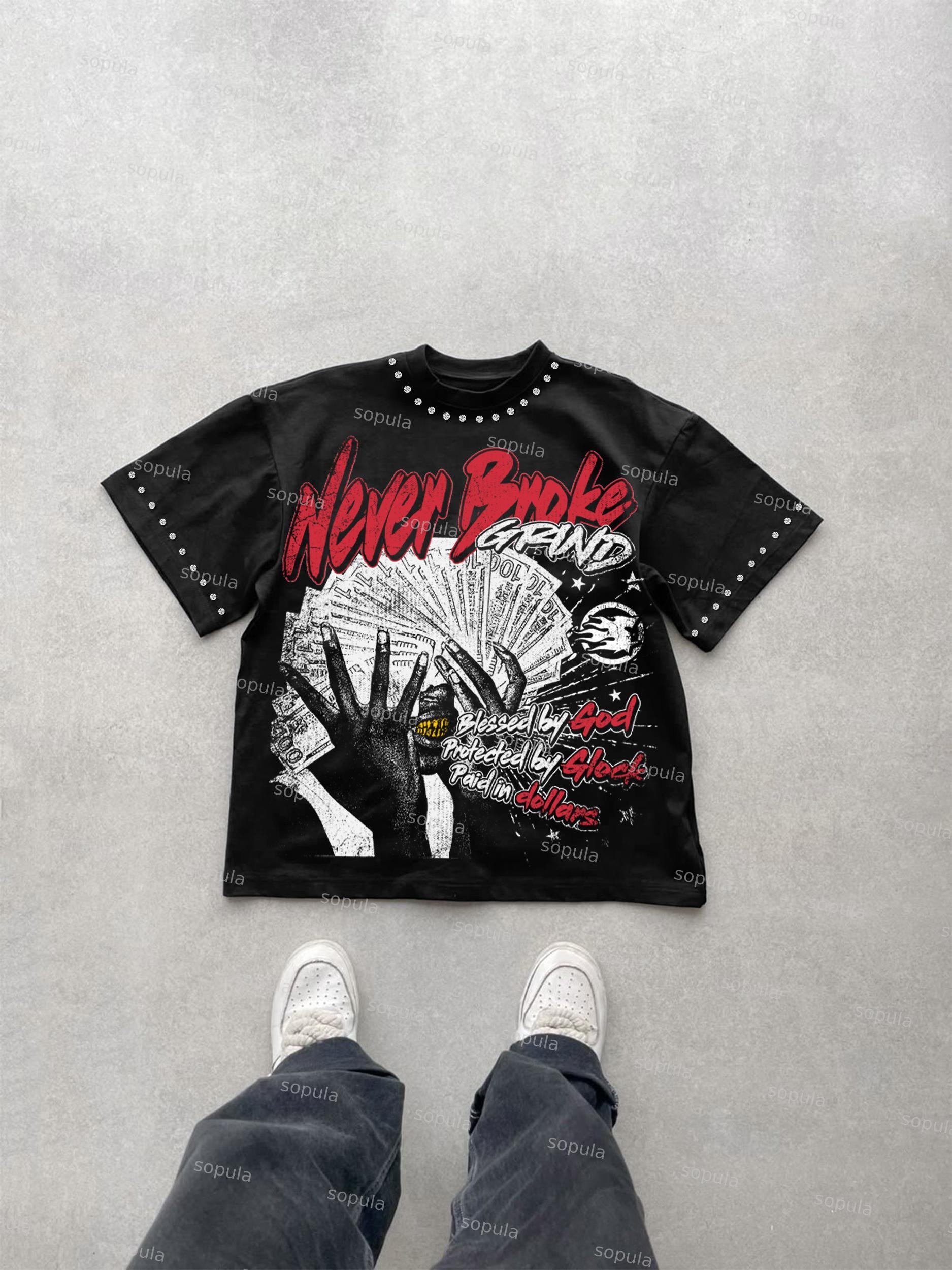 Never Broke God Glock Dollar Vintage Rhinestone Graphic Cotton T-shirt Product Image
