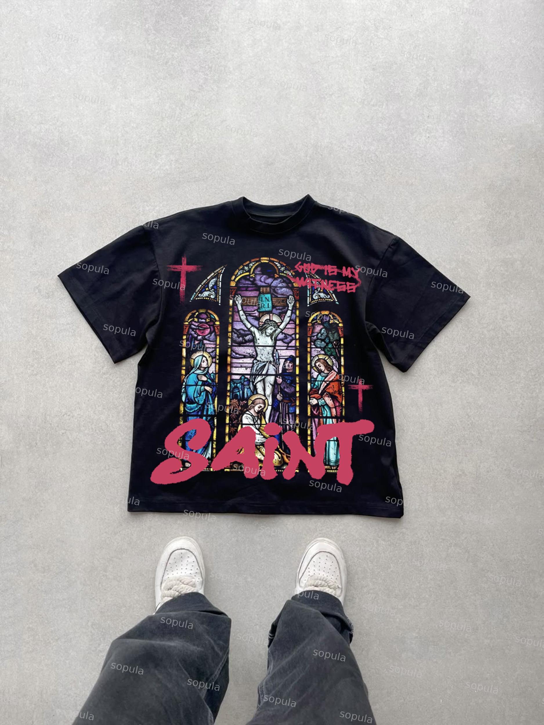 Jesus Church Window Vintage Graphic Cotton T-shirt Product Image