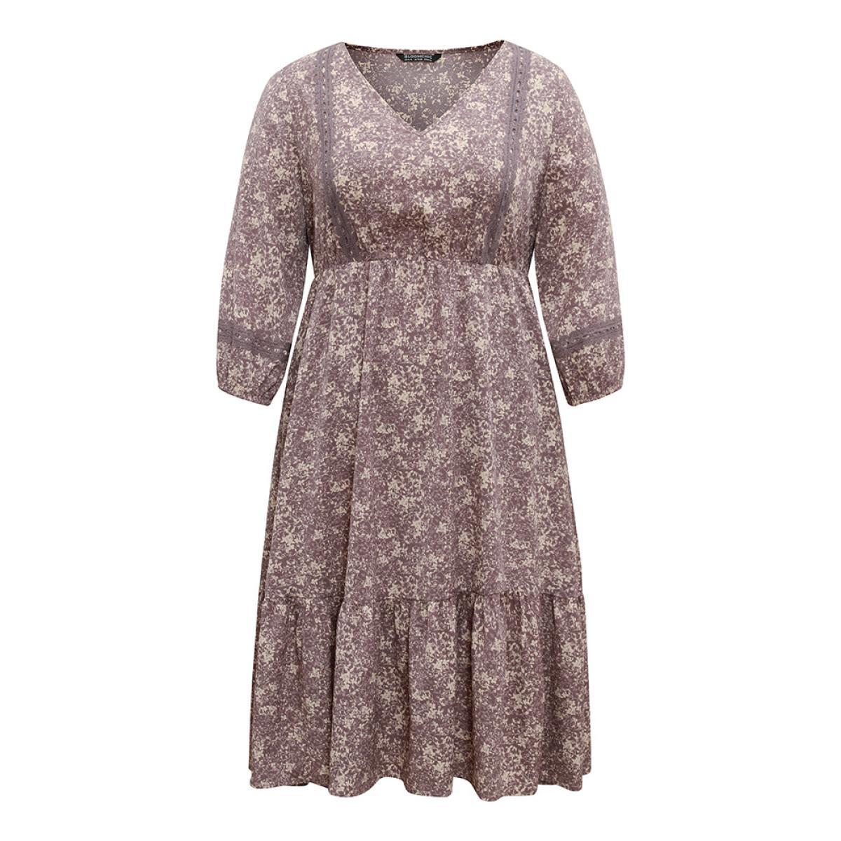 Plus Size Ditsy Floral Layered Flutter Hem Lace Insert Dress Mauve Women Vacation Elastic cuffs V-neck Elbow-length sleeve Curvy Midi Dress BloomChic 30/6X Product Image