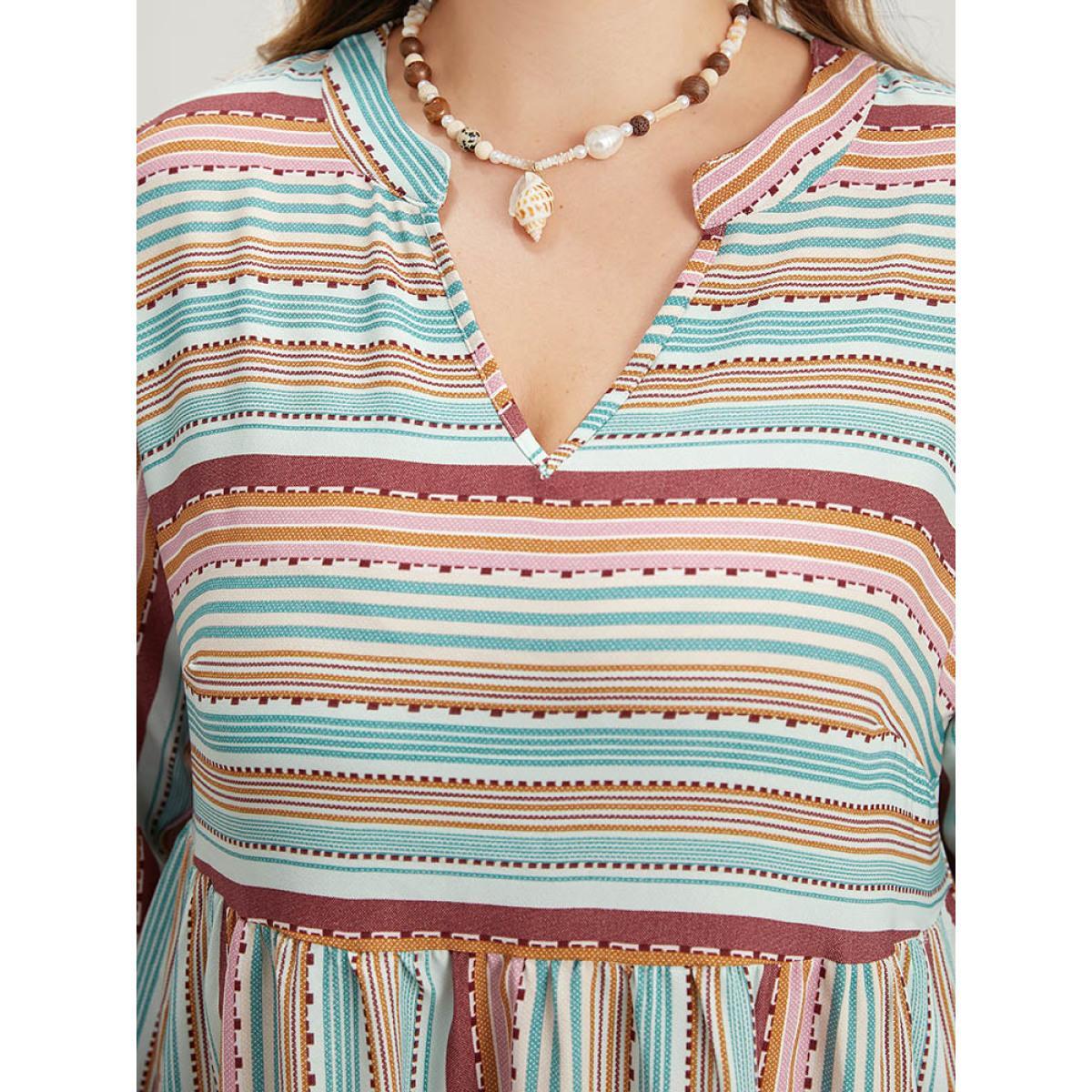 Plus Size Contrast Striped Notched Layered Hem Bell Sleeve Dress Multicolor Women Vacation Gathered Notched collar Long Sleeve Curvy Midi Dress BloomChic 22-24/3X Product Image