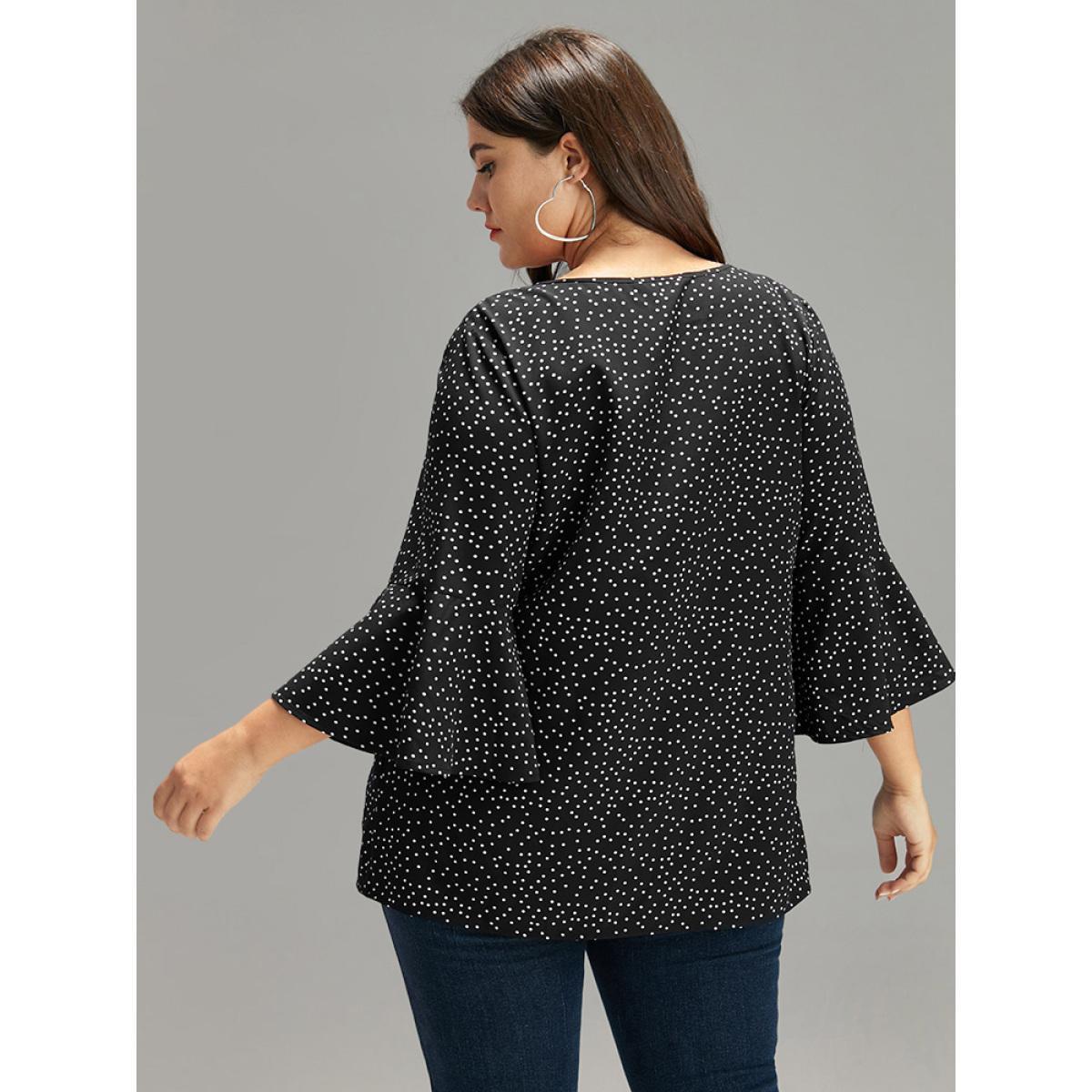 Plus Size Black Polka Dot Crochet Lace Button Detail Blouse Women Elegant Elbow-length sleeve V-neck Dailywear Blouses BloomChic 26/4X Product Image