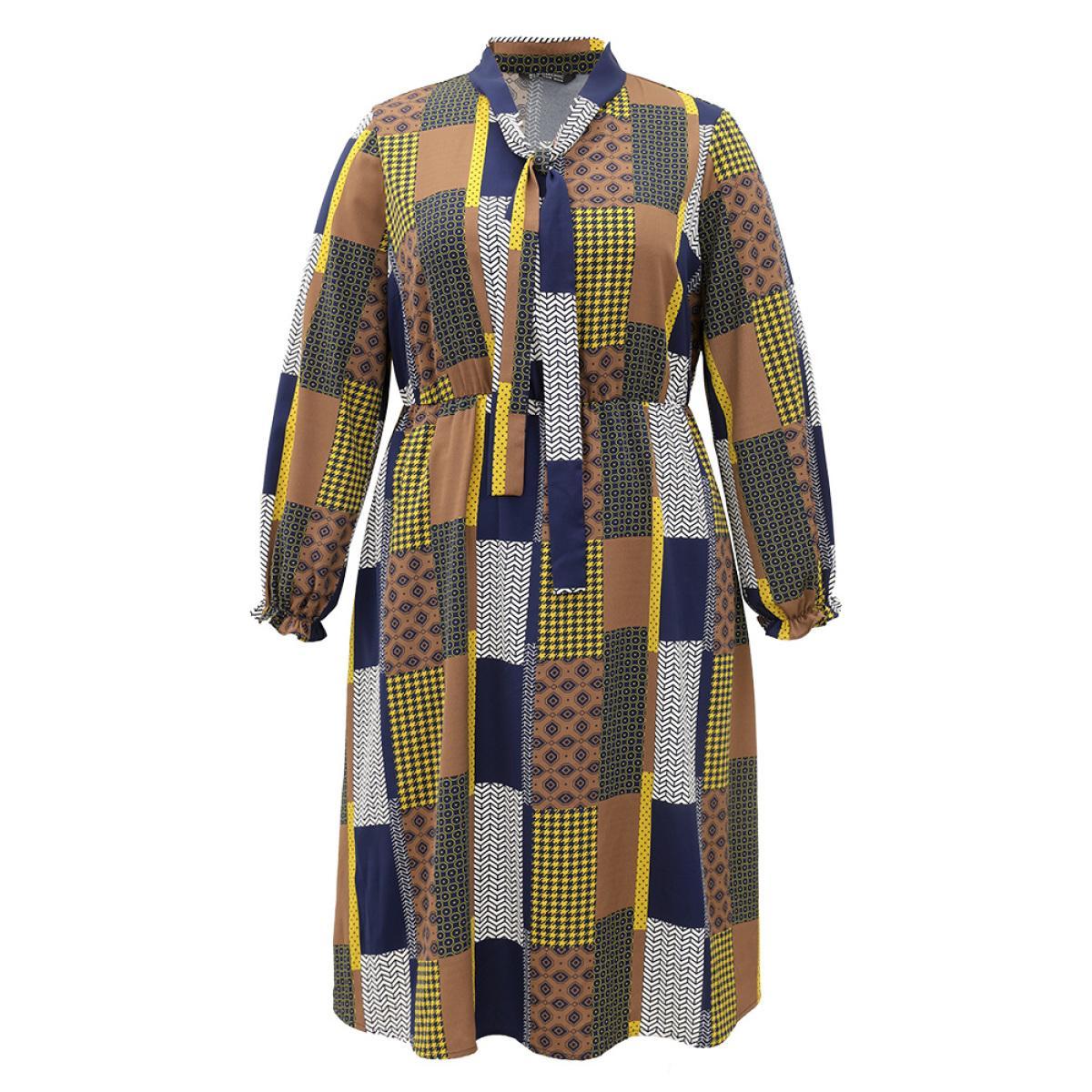 Plus Size Colorblock Patchwork Lantern Sleeve Knot Dress Multicolor Women Office Cross straps Tie Neck Long Sleeve Curvy Midi Dress BloomChic 30/6X Product Image