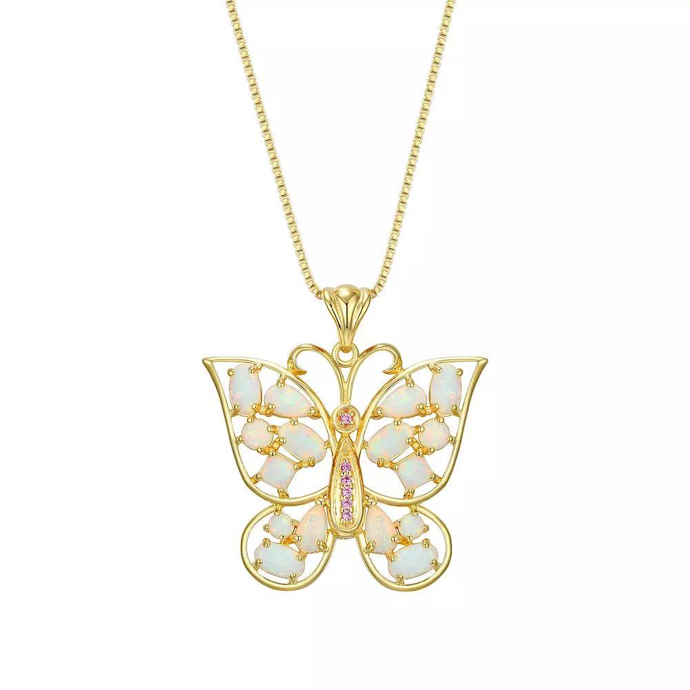 18K Gold Over Silver Created Opal and Created Pink Sapphire Butterfly Pendant, Women's, Size: 18", Gold Tone Product Image