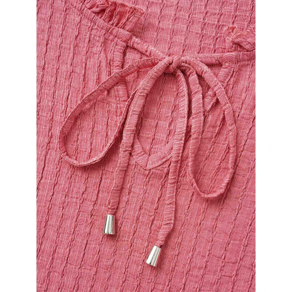 Plus Size Textured Tie Knot Lantern Sleeve T-shirt Beanpastepowder Women Casual Tie knot V-neck Everyday T-shirts BloomChic 10/M Product Image