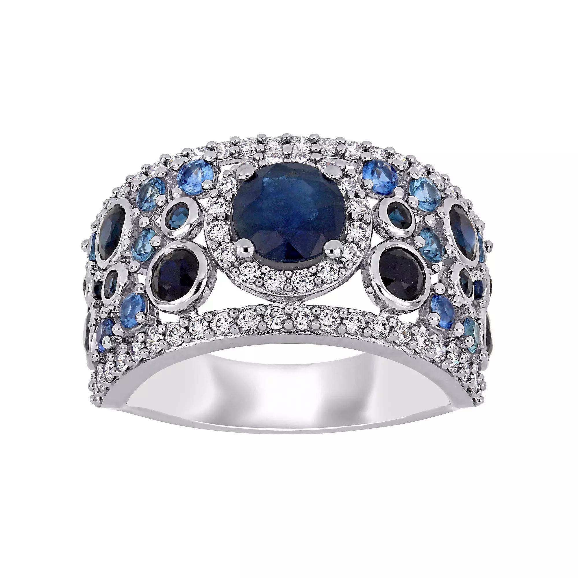 Stella Grace 14k White Gold Blue Sapphire & 1/2 Carat T.W. Diamond Halo Cluster Ring, Womens Product Image