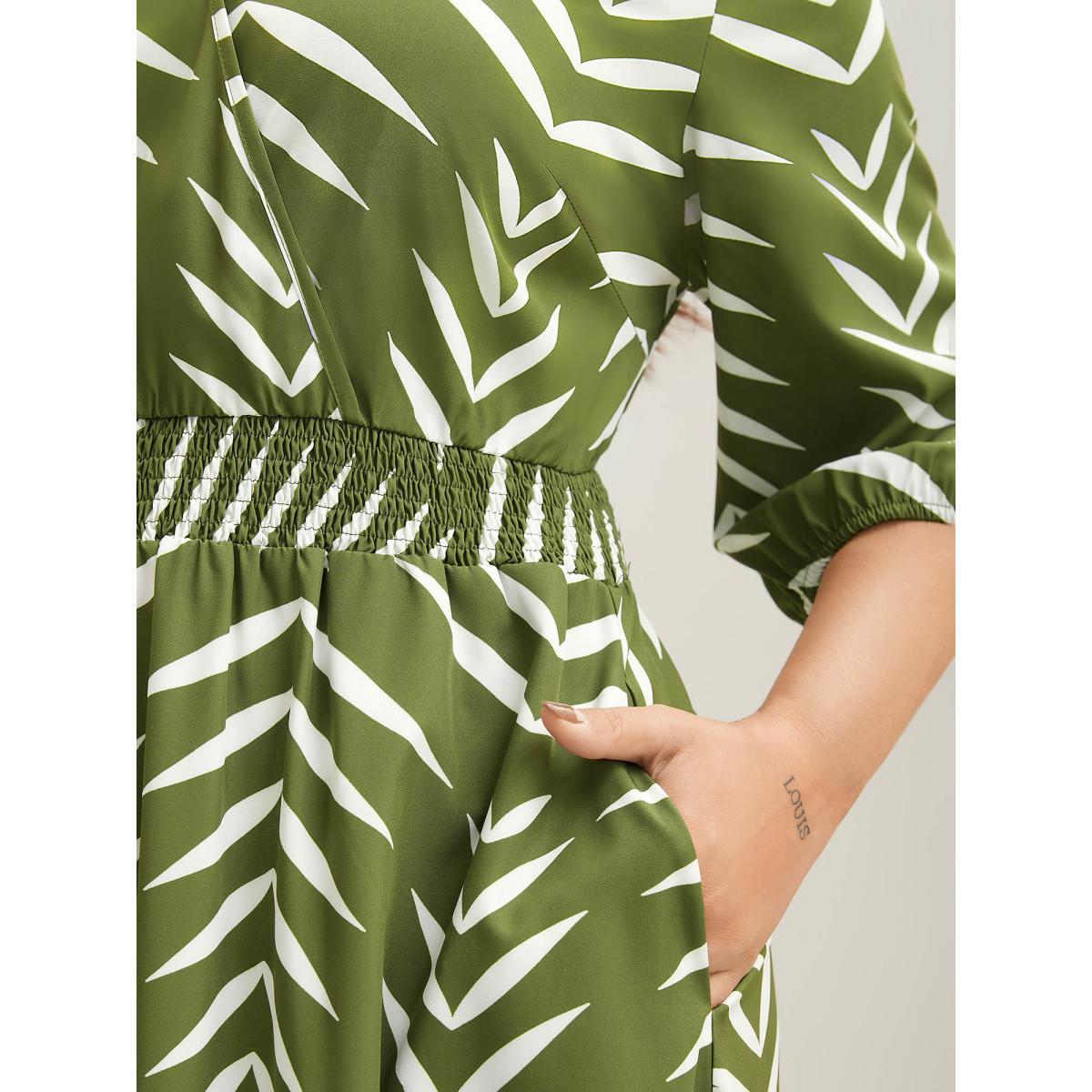 Plus Size Tree Print Wrap Shirred Pockets Midi Dress Olive Women Shirred Overlap Collar Elbow-length sleeve Curvy BloomChic 26/4X Product Image