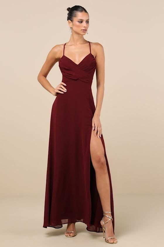 Event Ready Burgundy Backless Lace-Up Maxi Dress Product Image