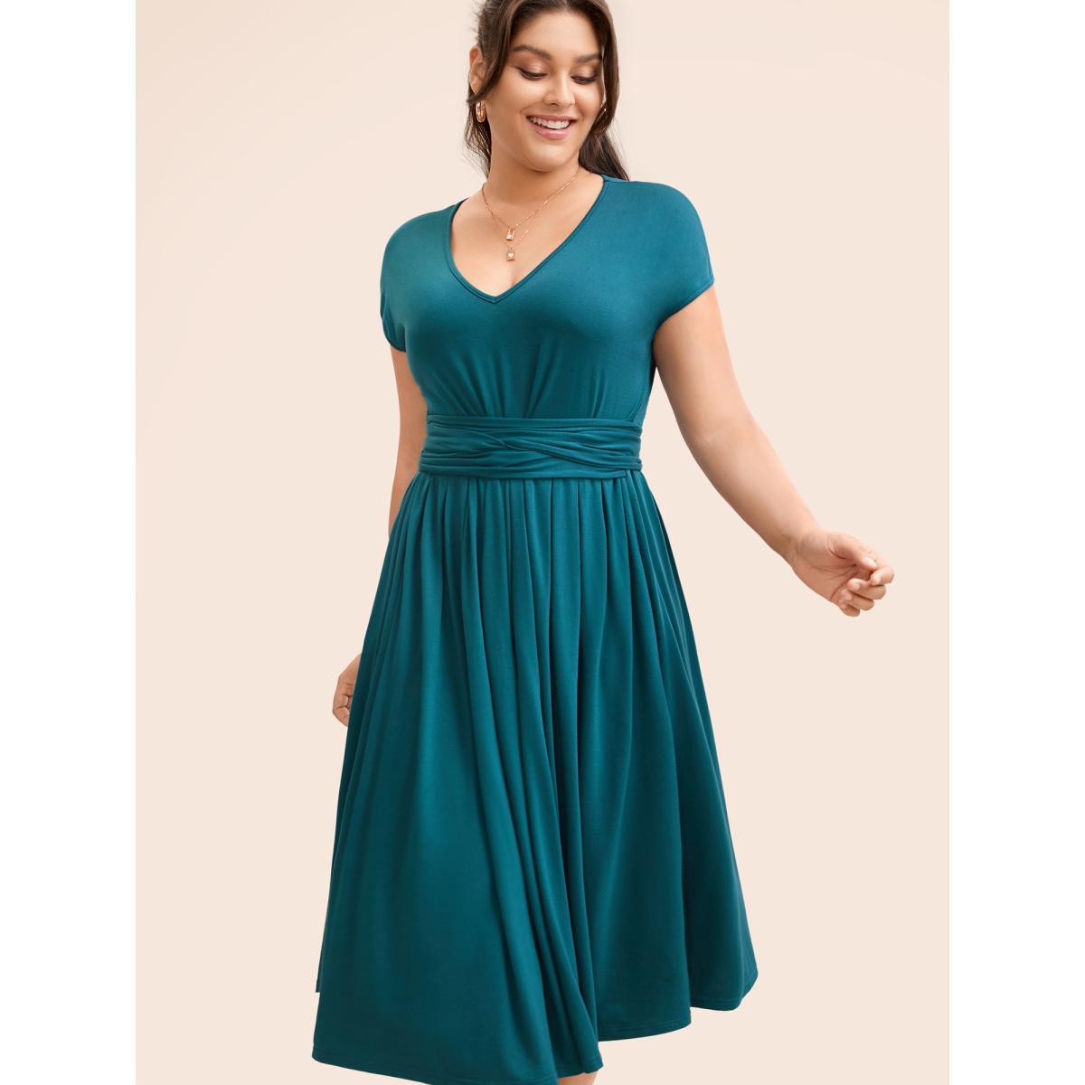 Plus Size Solid Tie Knot Pleated Cap Sleeve Dress Aegean Women Elegant Tie knot V-neck Cap Sleeve Curvy BloomChic 18-20/2X Product Image
