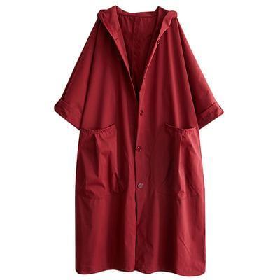 Plain Hooded Button-Up Long Trench Coat Product Image