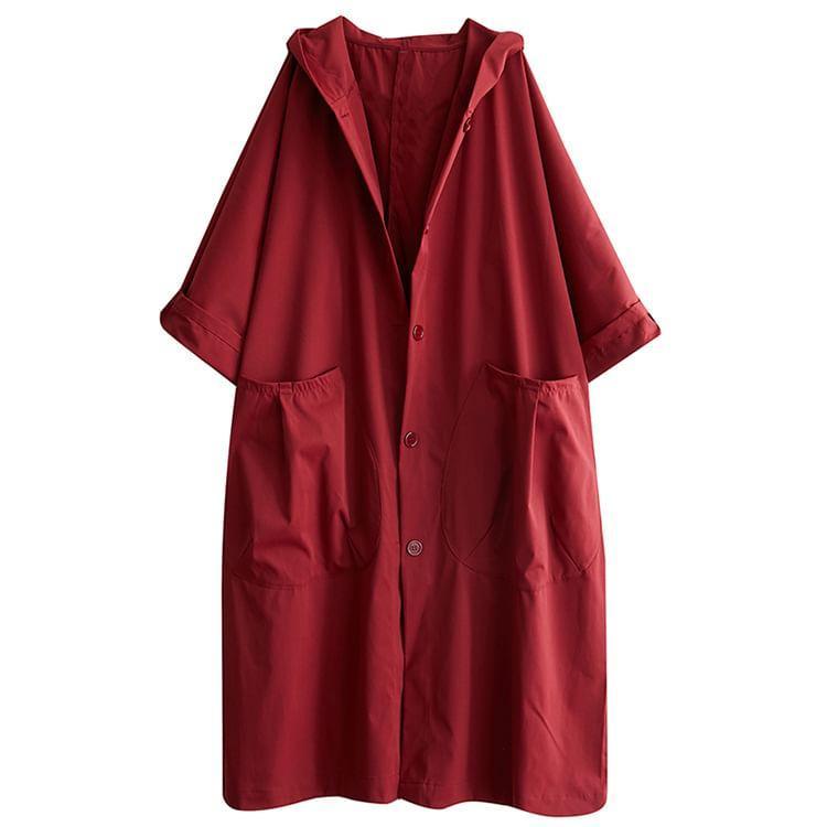 Plain Hooded Button-Up Long Trench Coat Product Image