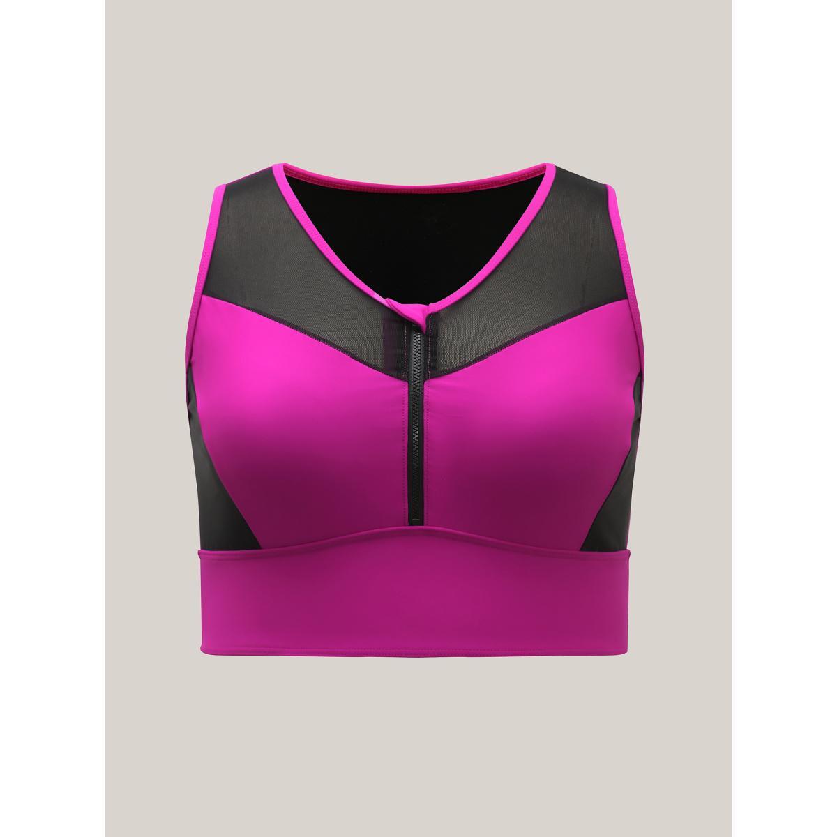 Plus Size Glide Lock Zipper Color Block Swim Top Women's Swimwear RedViolet Beach Contrast High stretch Skinny U-neck Curve Swim Tops BloomChic 14-16/1X Product Image