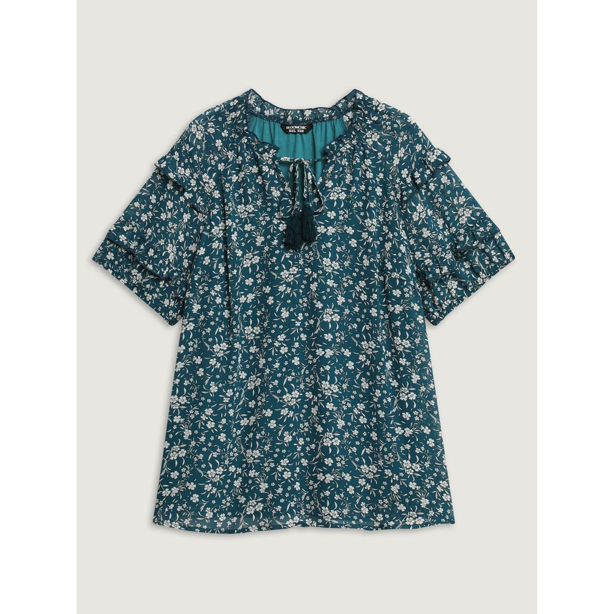 Plus Size Aegean Delicate Florals Ruffled Tiered Sleeve Blouse Women Short sleeve Round Neck Vacation Blouses BloomChic 28/5X Product Image
