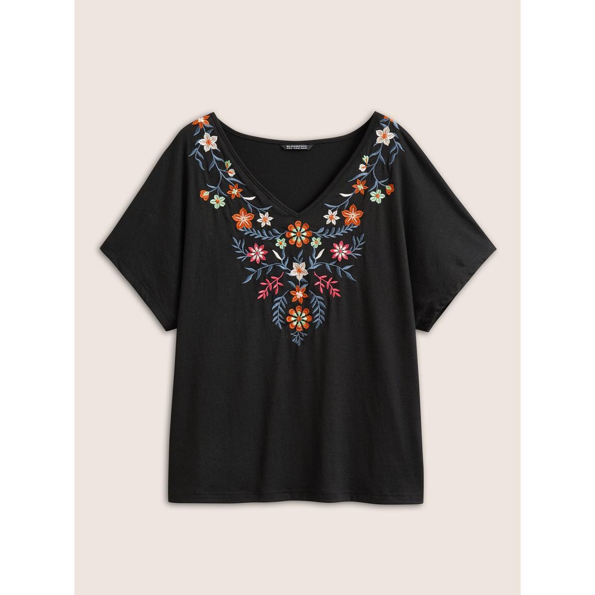 Plus Size Floral Embroidered Batwing Sleeve T-shirt Black Women Resort Embroidered Floral V-neck Vacation T-shirts BloomChic 22-24/3X Product Image