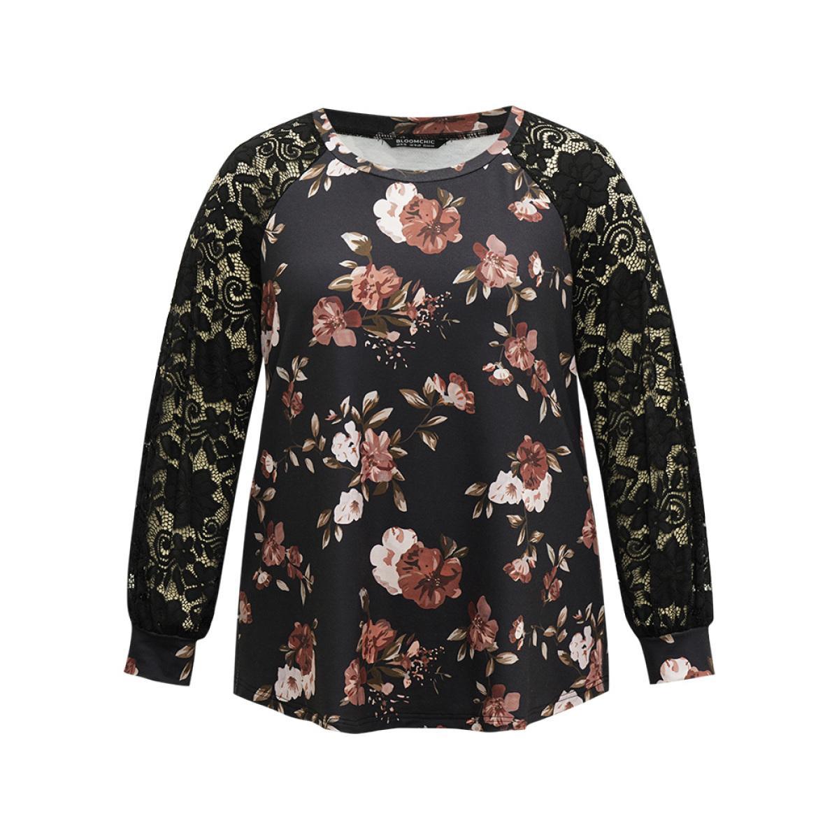 Plus Size Floral Lace Panel Raglan Sleeve Sweatshirt Women Black Elegant Printed Round Neck Dailywear Sweatshirts BloomChic 22-24/3X Product Image