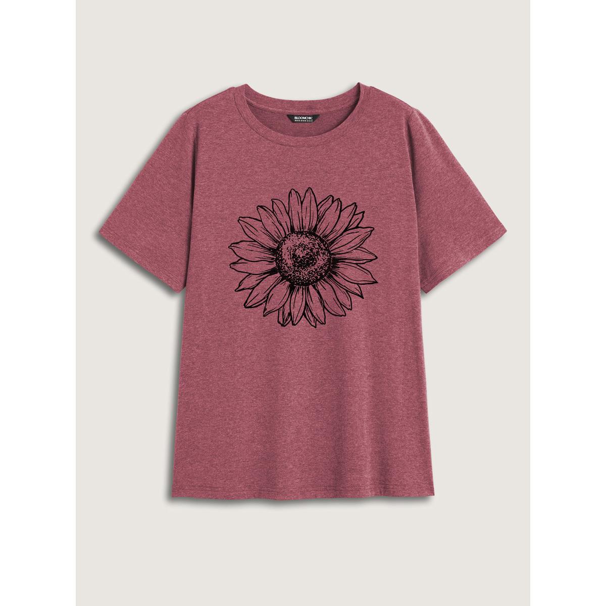 Plus Size Sunkissed Sunflower Round Neck T-Shirt Plum Women Non Natural Flowers Round Neck Everyday-Casual T-shirts BloomChic 12/L Product Image