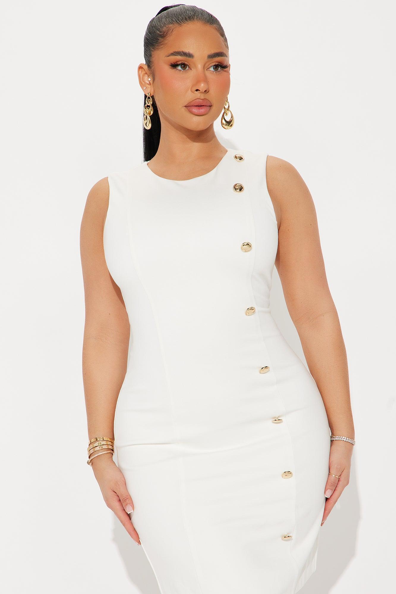 Mia Side Button Double Lined Ponte Midi Dress - Off White Product Image