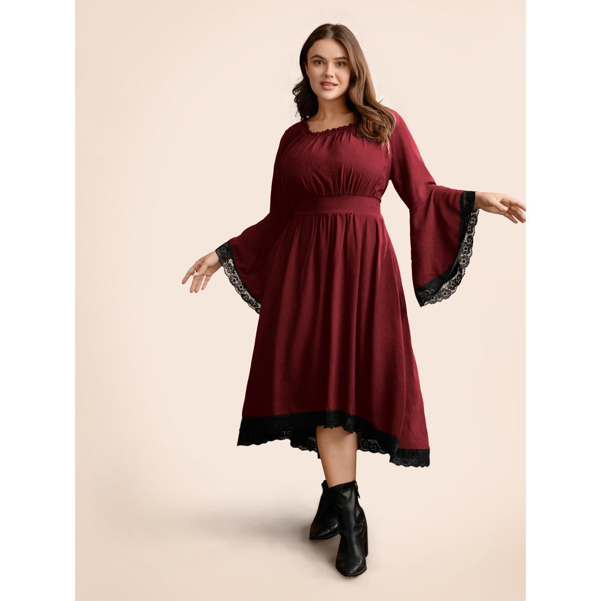 Plus Size Gothic Inspired Lotus Sleeves Midi Dress Deepred Women Cocktail Woven ribbon&lace trim Party Curvy Bloomchic 22-24/3X Product Image