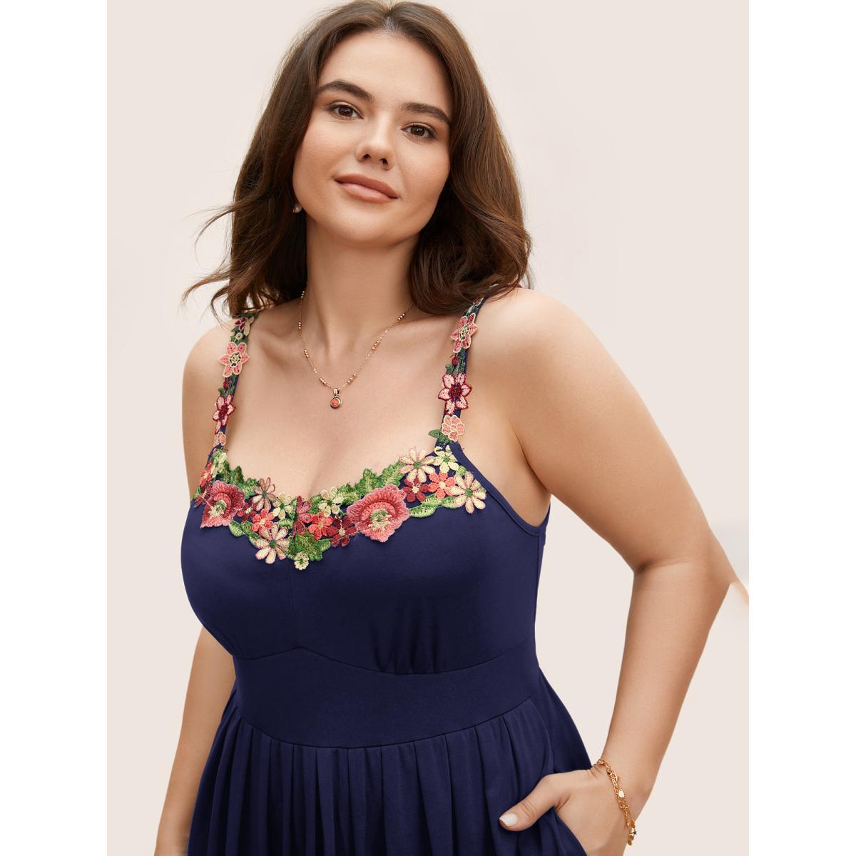 Plus Size Floral Embroidered Pocket Midi Cami Dress Navy Women Elegant Embroidered Heart neckline Sleeveless Curvy BloomChic 22-24/3X Product Image