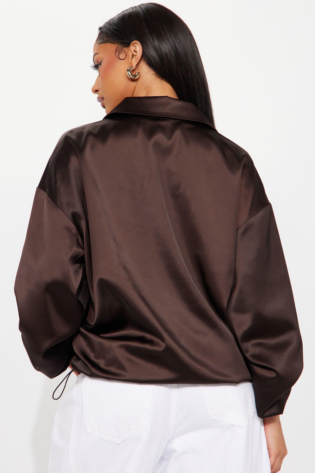 Gia Oversized Satin Bomber Jacket - Chocolate Product Image