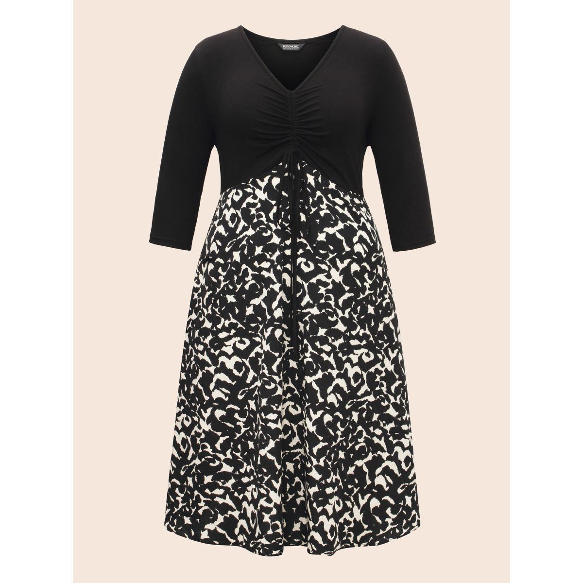 Plus Size V Neck Patchwork Drawstring Dress Black Women Elegant Patchwork V-neck Elbow-length sleeve Curvy BloomChic 26/4X Product Image