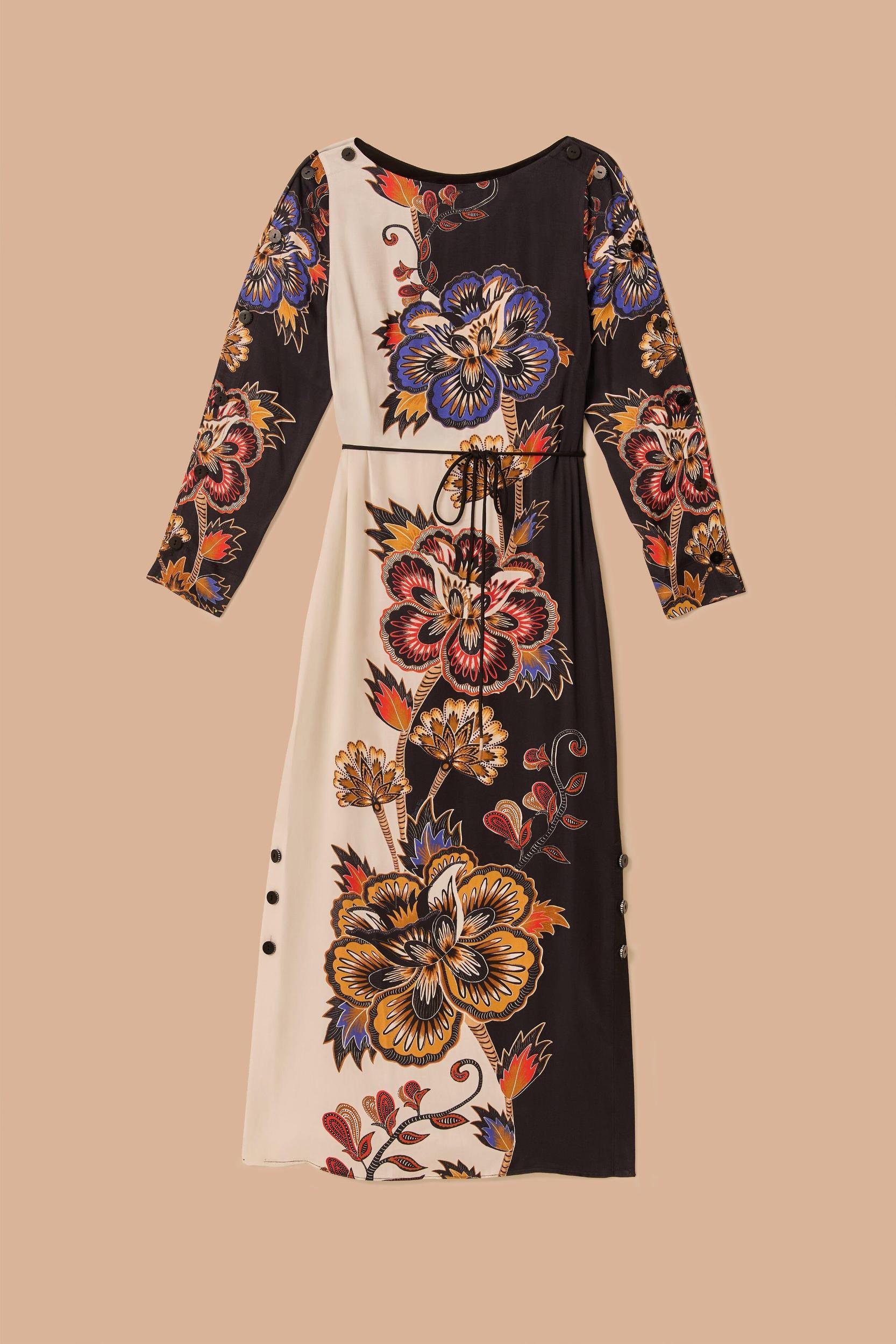 Black And White Maxi Floral LENZING ECOVERO Viscose Midi Dress, MAXI FLORAL OFF-WHITE / XXS Product Image
