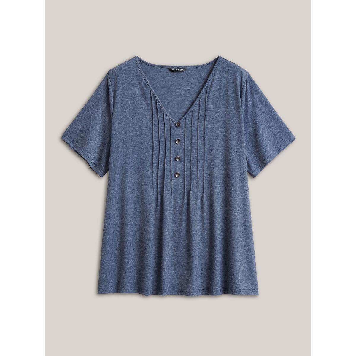 Plus Size Solid Pleated Front Button Detail V Neck T-shirt Stone Women Casual Button Plain Everyday T-shirts BloomChic 22-24/3X Product Image