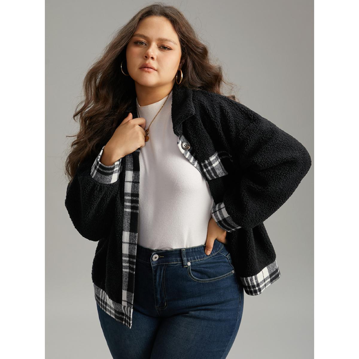Plus Size Plaid Patchwork Button Up Teddy Shacket Women Black Contrast Dailywear Jackets BloomChic 14-16/1X Product Image