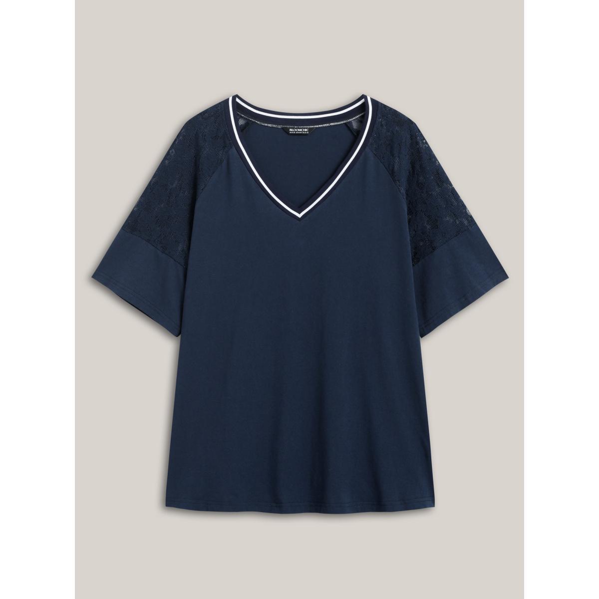 Plus Size Supersoft Sheer Floral Sleeve V-Neck T-Shirt Indigo Women See through V-neck Everyday-Casual T-shirts BloomChic 28/5X Product Image