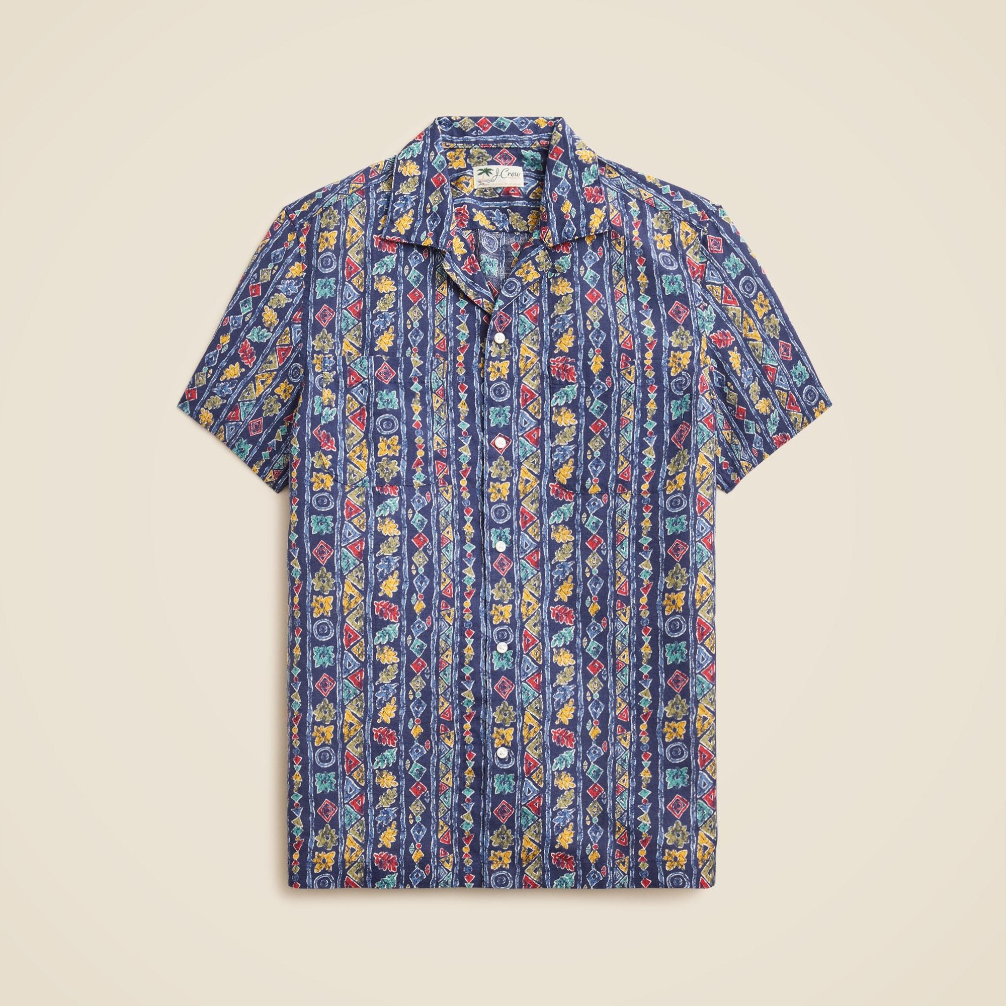 Short-sleeve slub cotton-linen blend camp-collar shirt in print Product Image